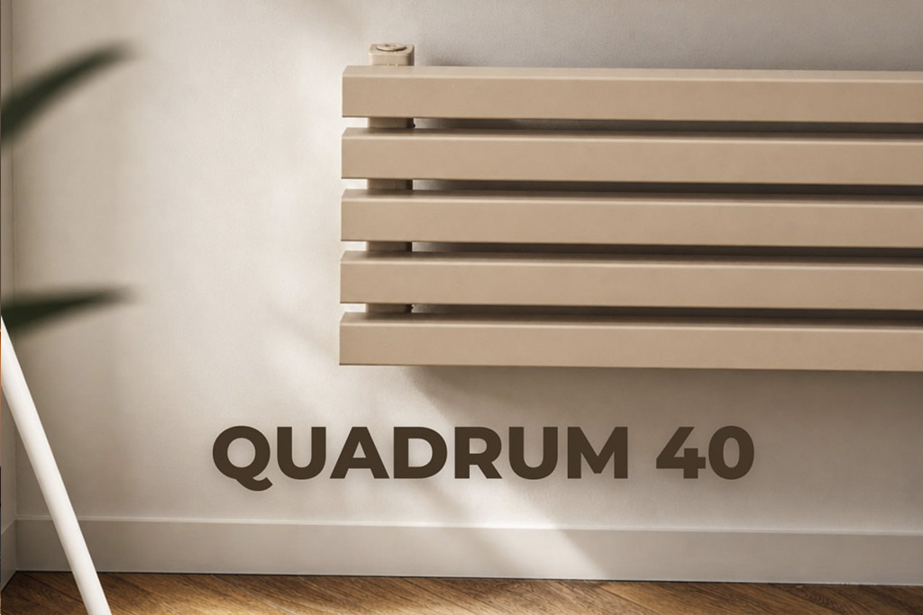 Горизонтальный радиатор KZTO Quadrum 40 с боковым подключением в интерьере гостиной под окнами